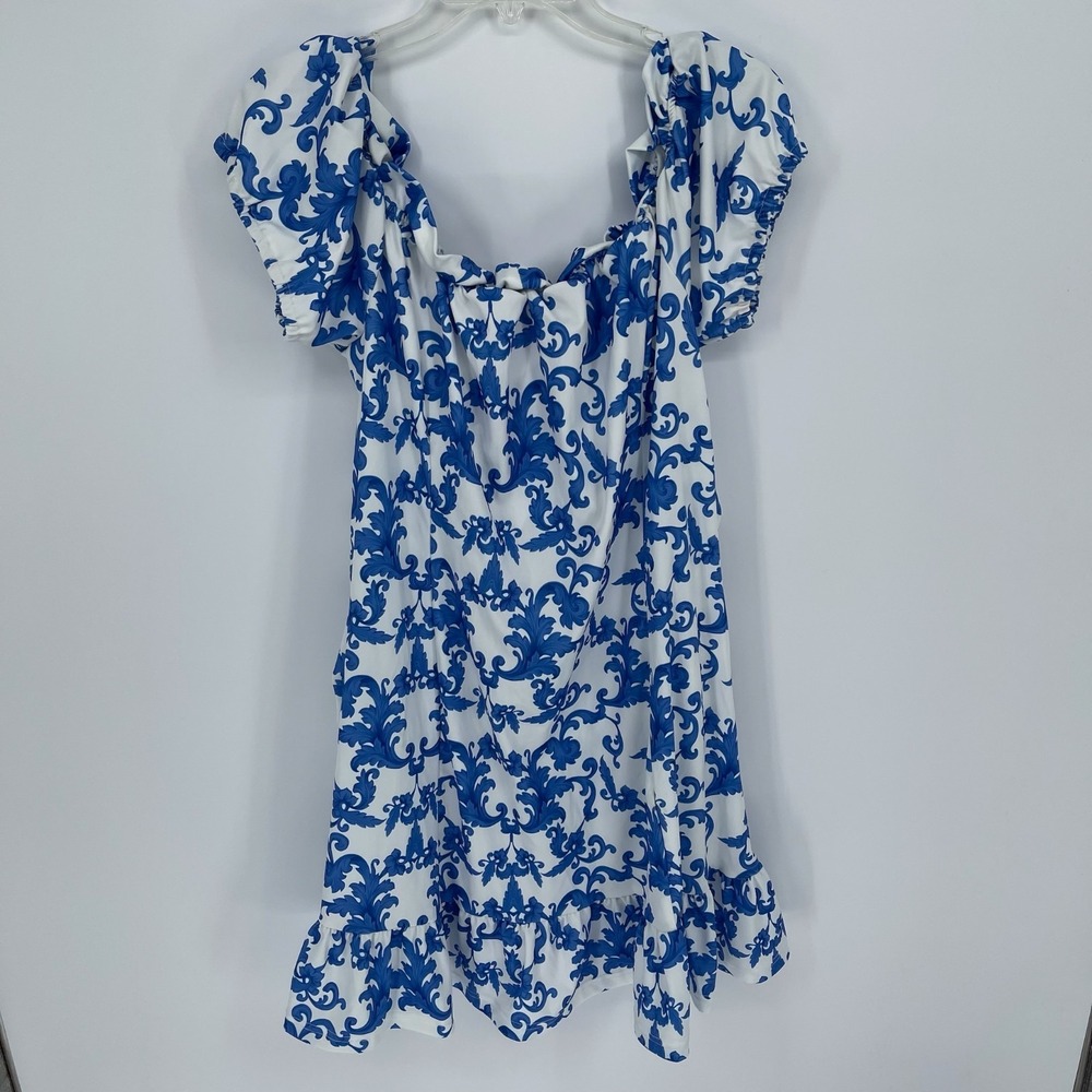 Shein Women's Blue White Baroque Off Shoulder Ruched Bodycon Mini Dress Size 2XL - Picture 2 of 5